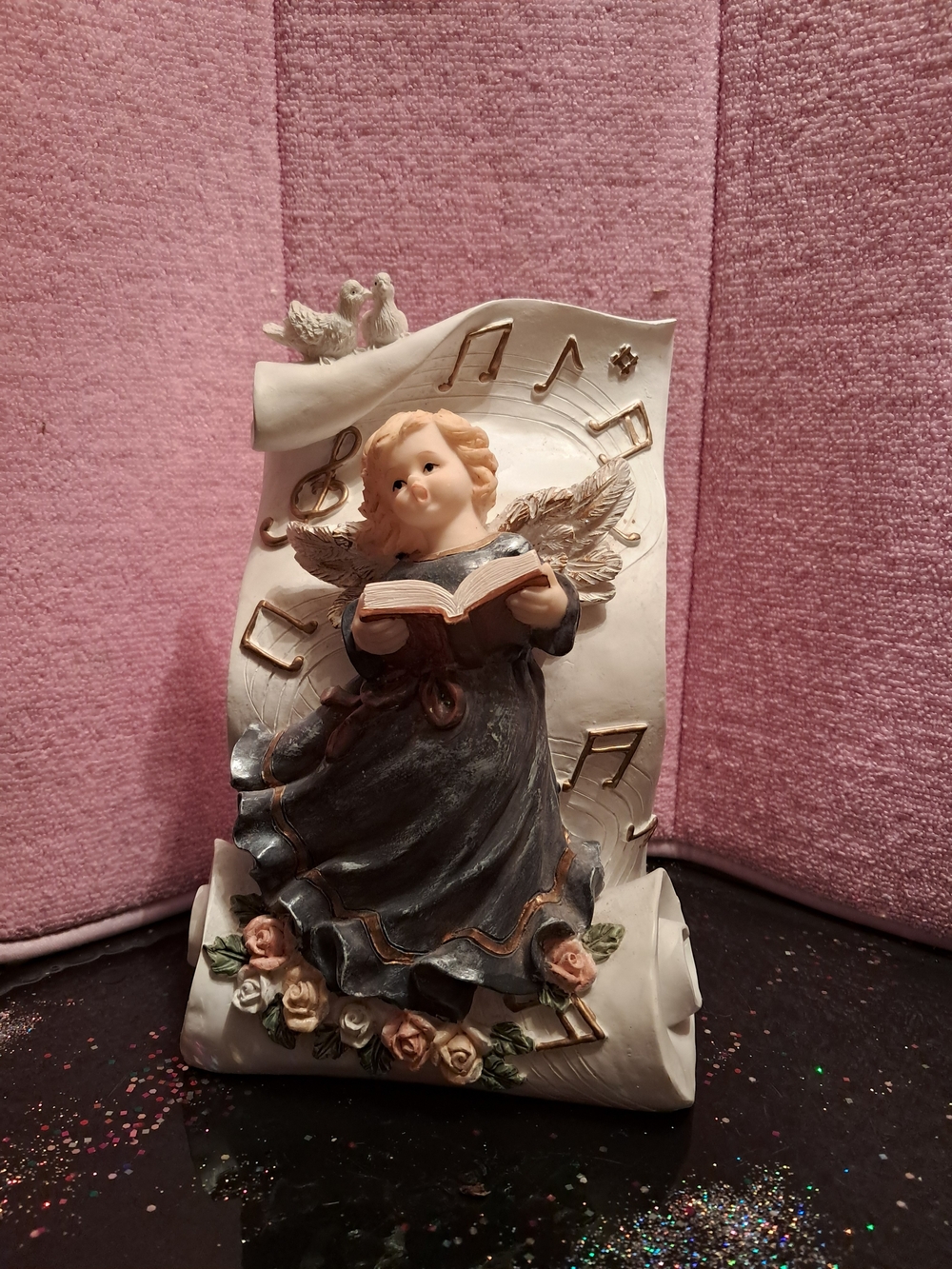 Angel Figurine with Musical Notes And Plays - Blue Dress, Ivory Scroll